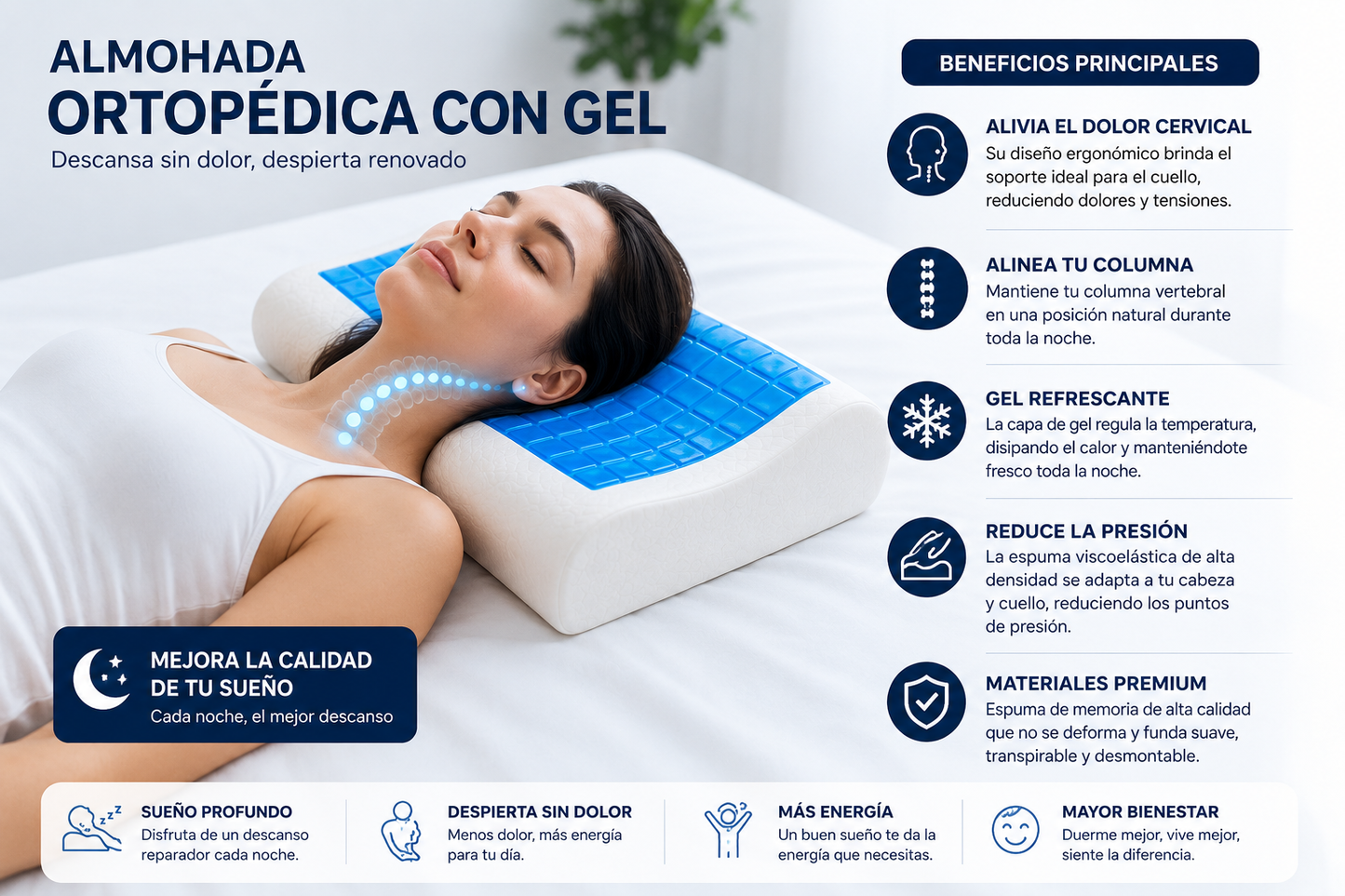 ALMOHADA ORTOPÉDICA CON GEL + ENVÍO GRATIS