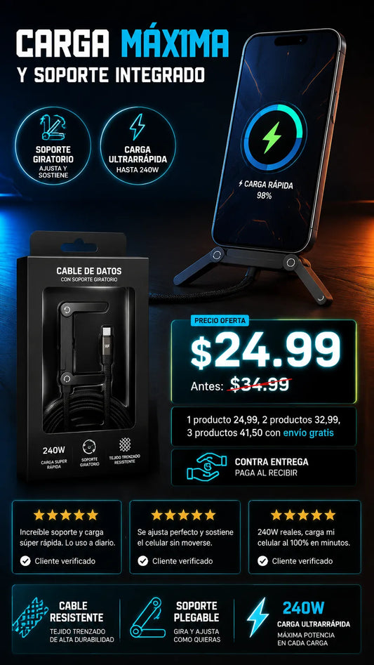 Cable USB-C a USB-C de Carga Rápida 240W con Soporte Giratorio Plegable